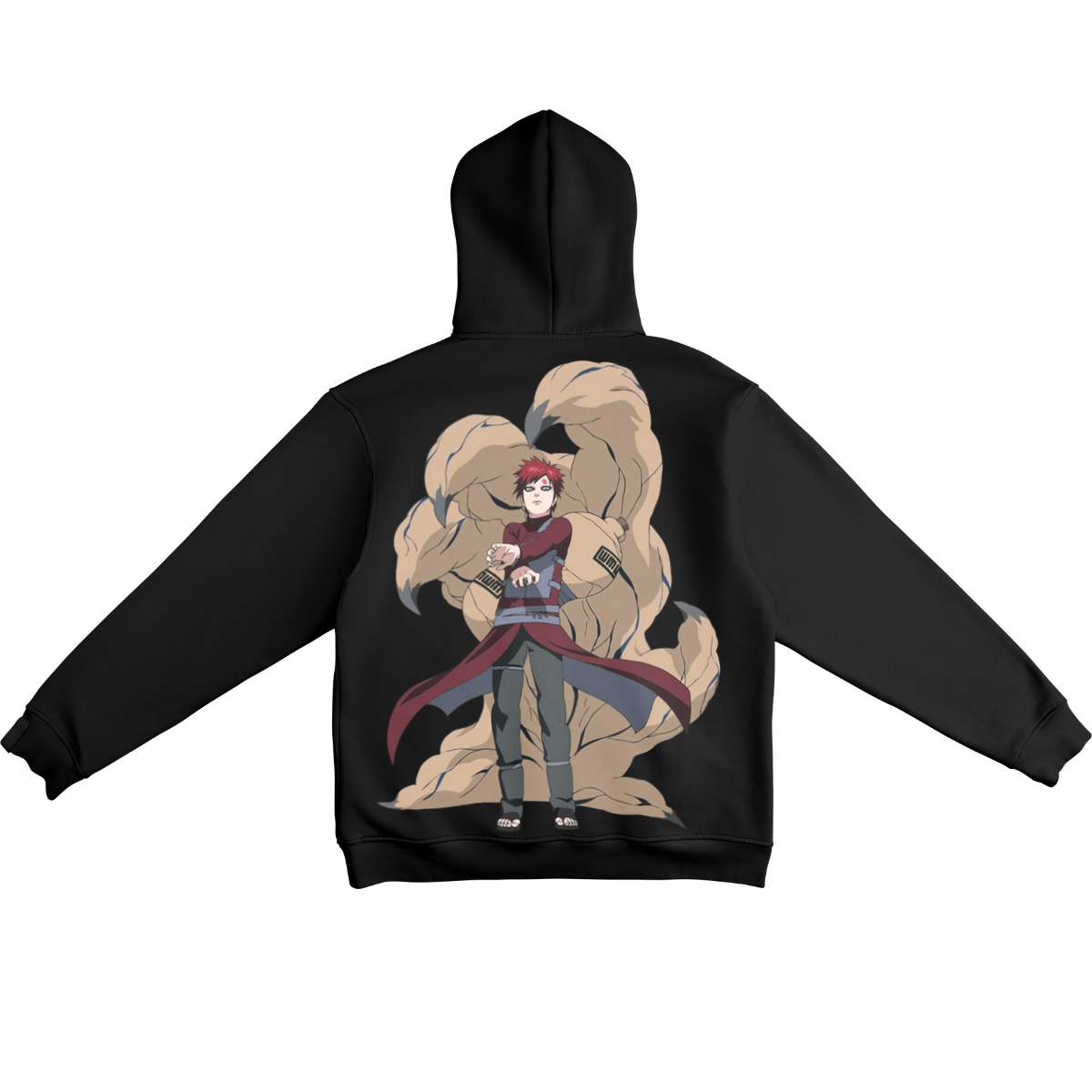 Gaara Black hoodie with an anime character and dragon design on the back, on a white background