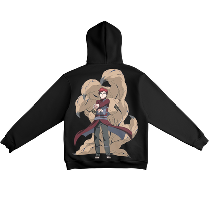 Gaara Black hoodie with an anime character and dragon design on the back, on a white background