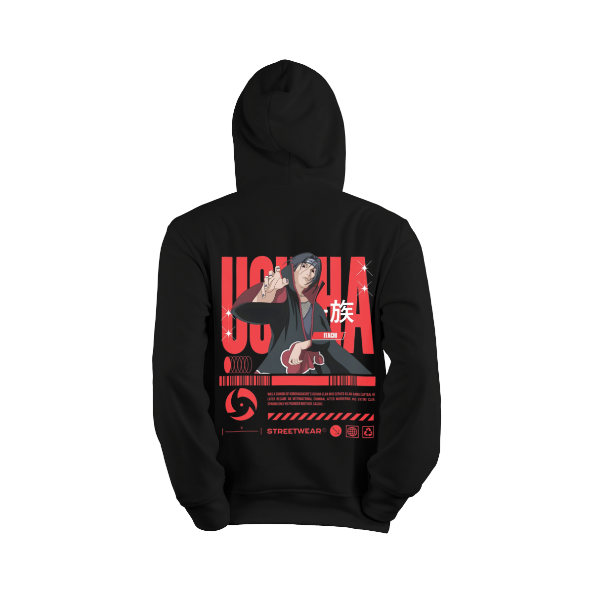 Itachi Uchicha Black hoodie with Uchicha graphic design on the back