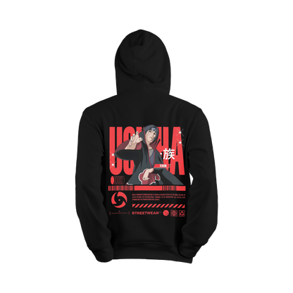 Itachi Uchicha Black hoodie with Uchicha graphic design on the back