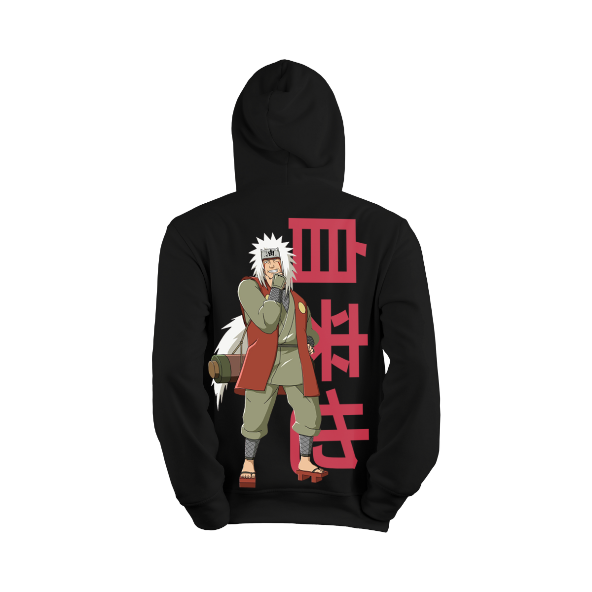 Black hoodie with anime character and red text on the back against a white background