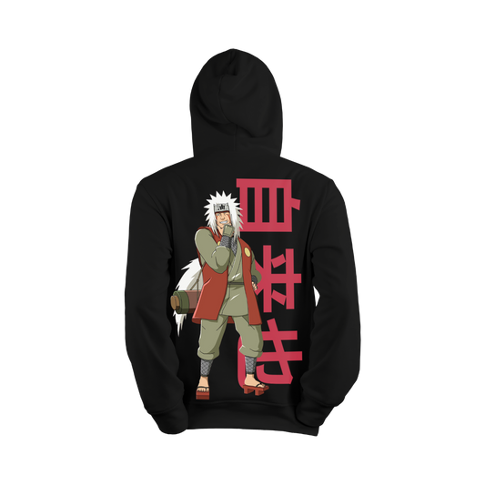 Black hoodie with anime character and red text on the back against a white background