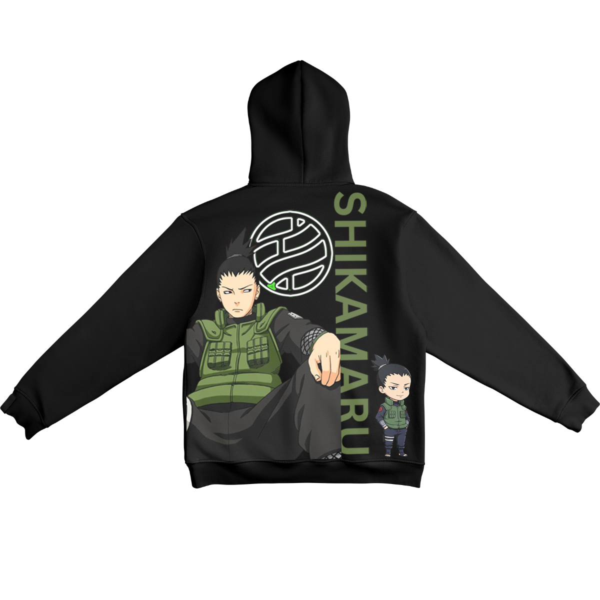Black hoodie with Shikamaru design on the back, featuring a character in green outfit and 'Shikamaru' text.