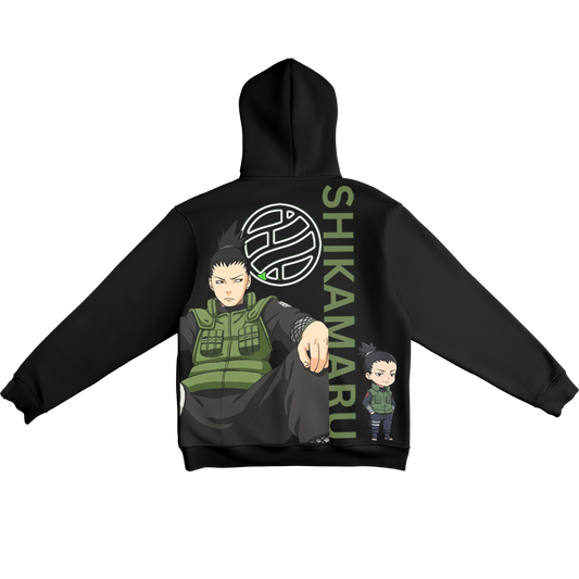 Black hoodie with Shikamaru design on the back, featuring a character in green outfit and 'Shikamaru' text.