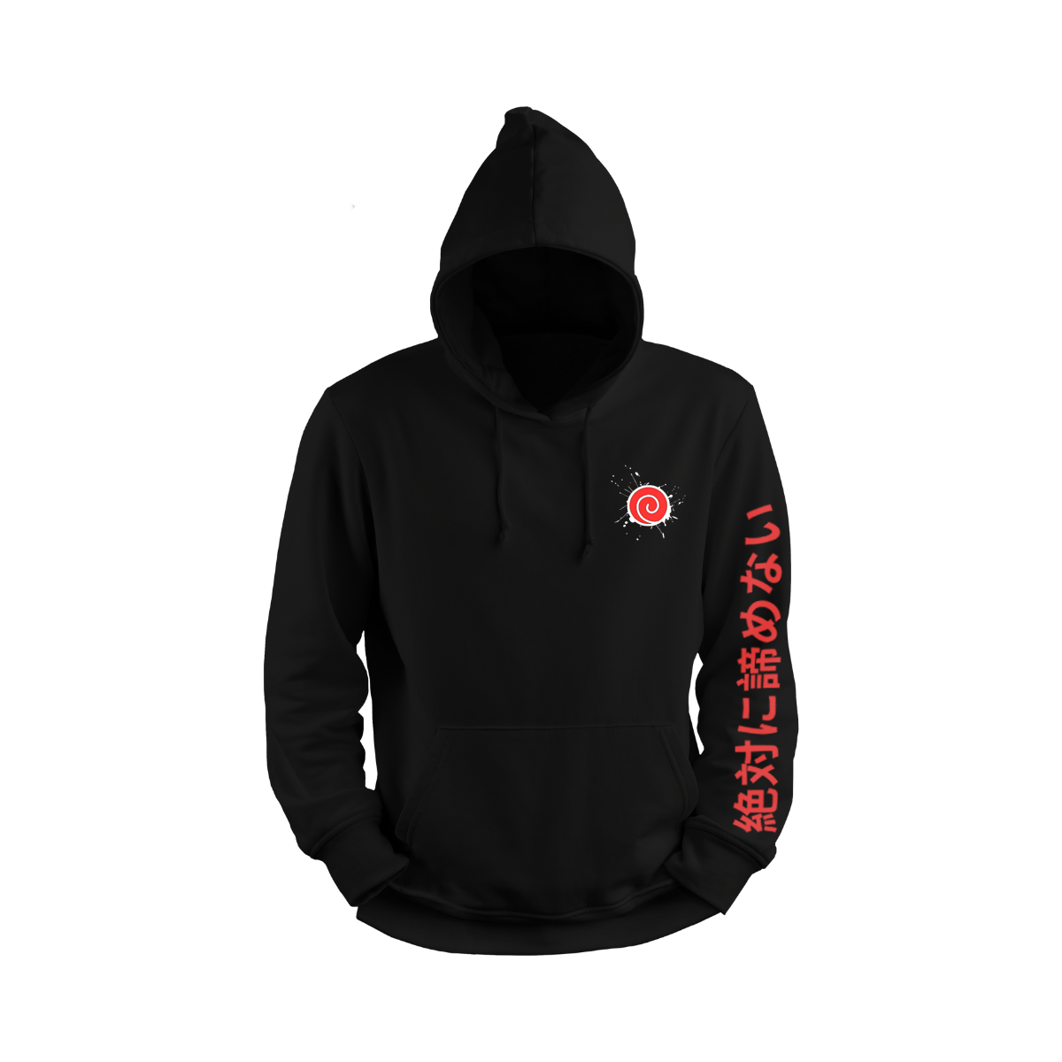 Naruto Uzumaki Black hoodie with red graphics and text on sleeve 