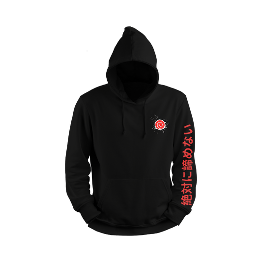 Naruto Uzumaki Black hoodie with red graphics and text on sleeve 