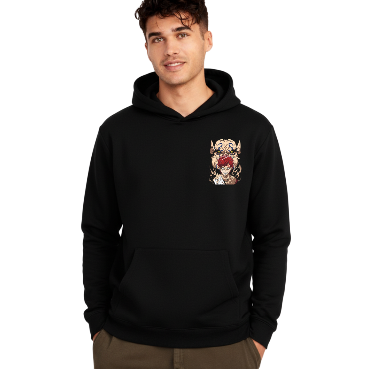 Black hoodie with anime character and monster design on front, worn by male model