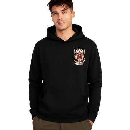 Black hoodie with anime character and monster design on front, worn by male model