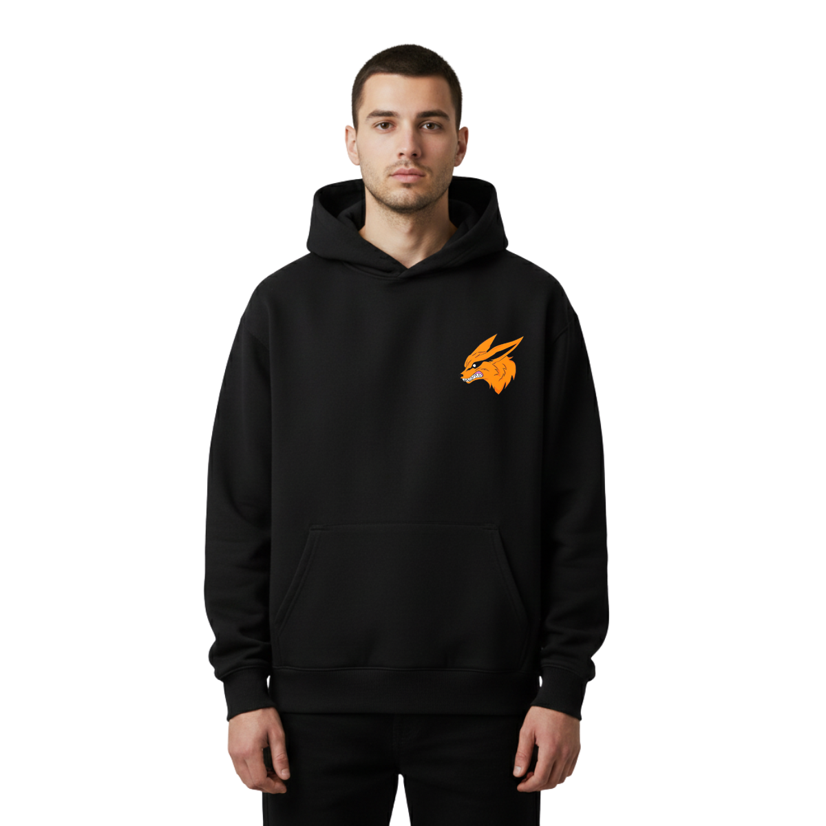 Person wearing a black hoodie with an orange logo on a white background