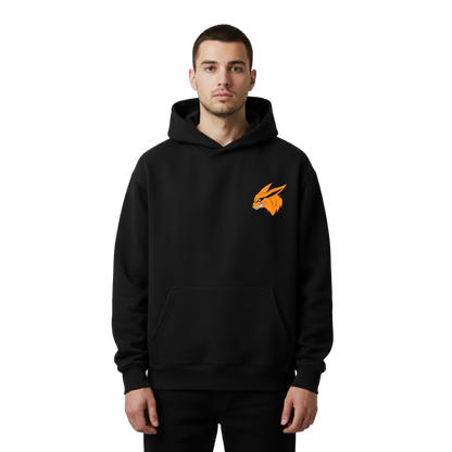 Person wearing a black hoodie with an orange logo on a white background