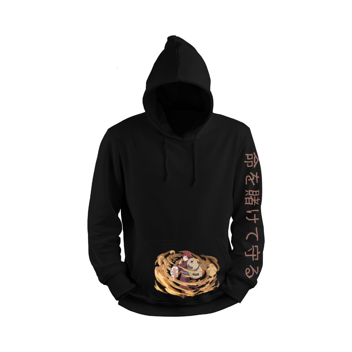 Gaara Black hoodie with a graphic design on the front and text on the sleeve against a white background