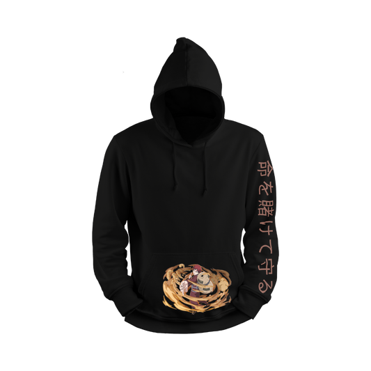 Gaara Black hoodie with a graphic design on the front and text on the sleeve against a white background
