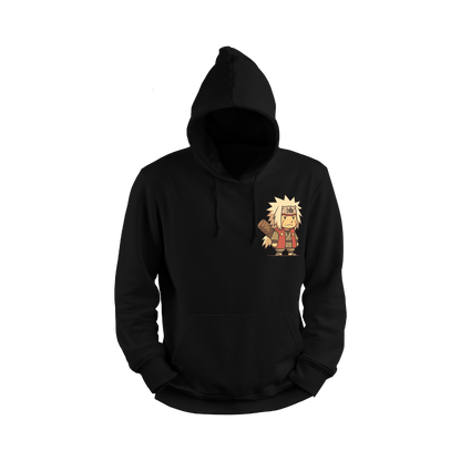 Black hoodie with a character design on the chest against a white background