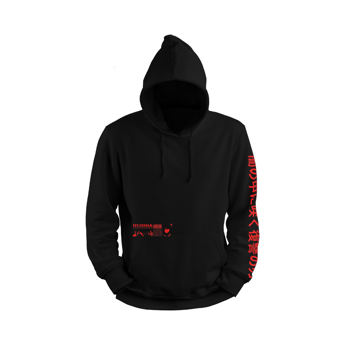 Black hoodie with red text on sleeves against a white background