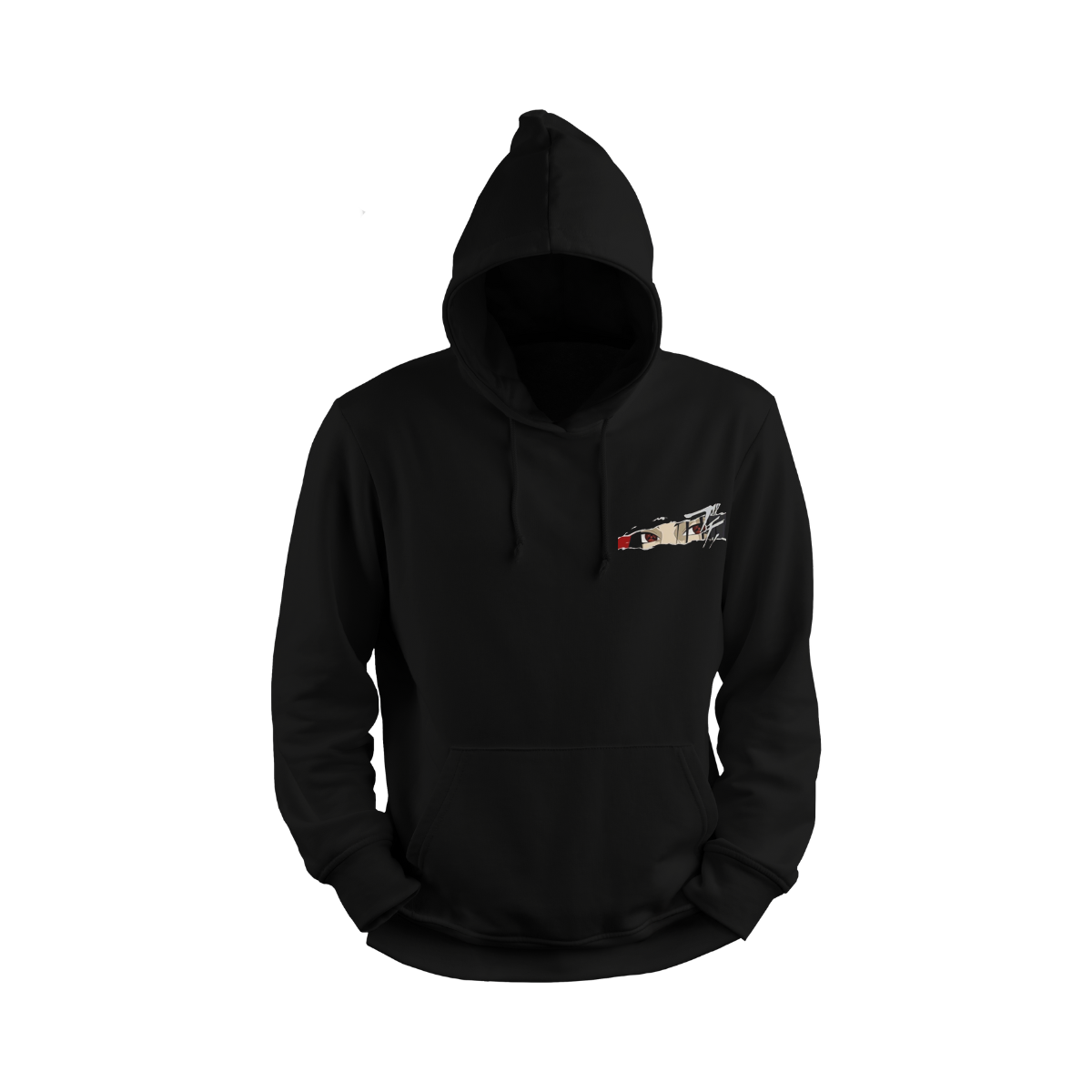 Itachi Uchicha  Black hoodie with a small colorful logo on the chest 