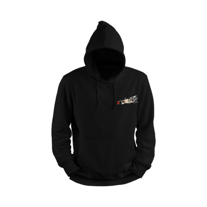 Itachi Uchicha  Black hoodie with a small colorful logo on the chest 