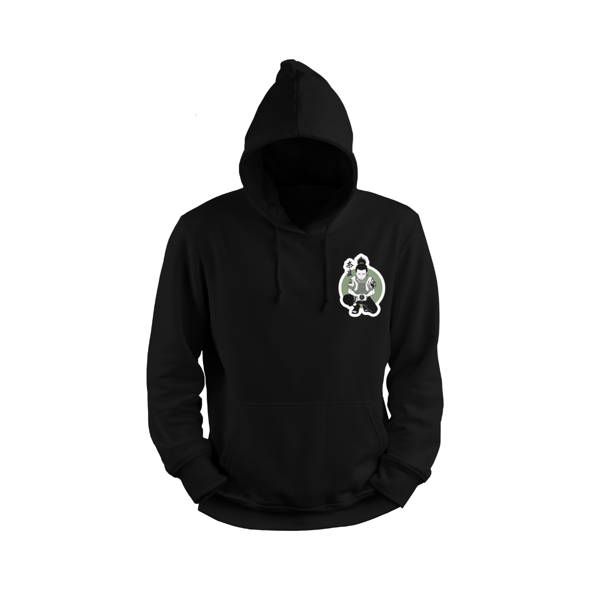 Black hoodie with a small white graphic on the chest against a white background