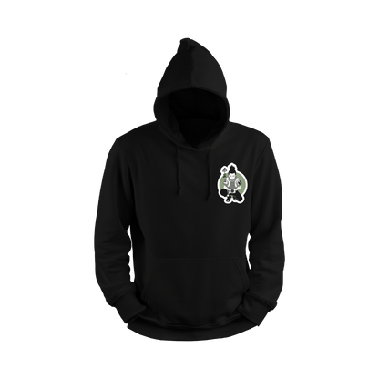 Black hoodie with a small white graphic on the chest against a white background