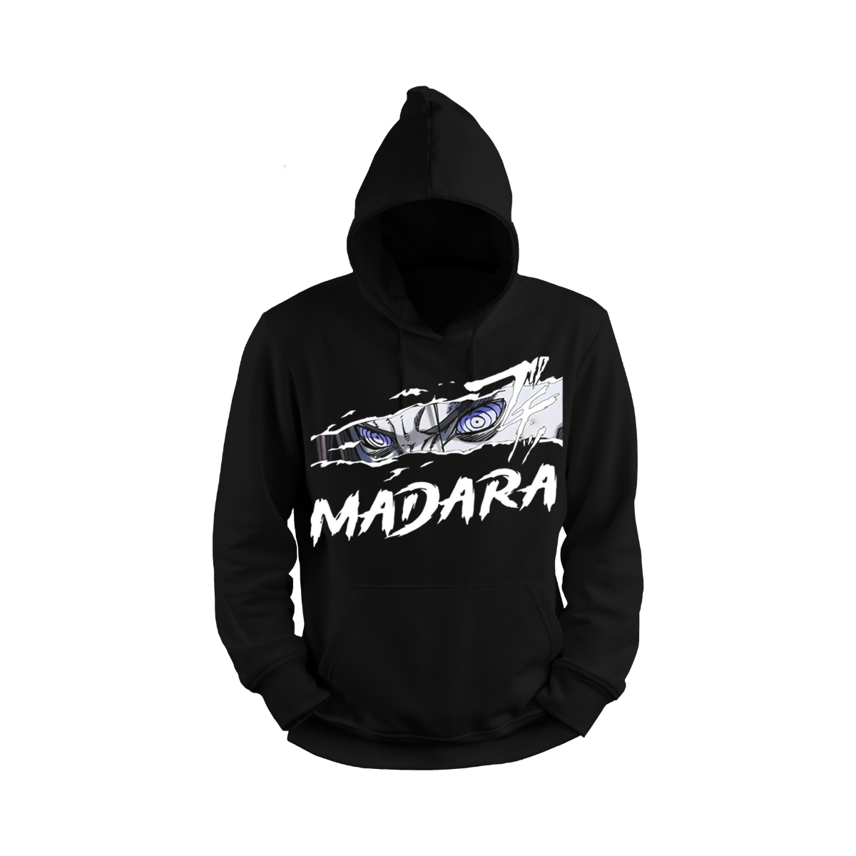 Black hoodie with 'Madara' design on a white background