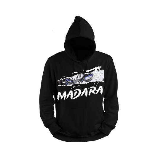 Black hoodie with 'Madara' design on a white background