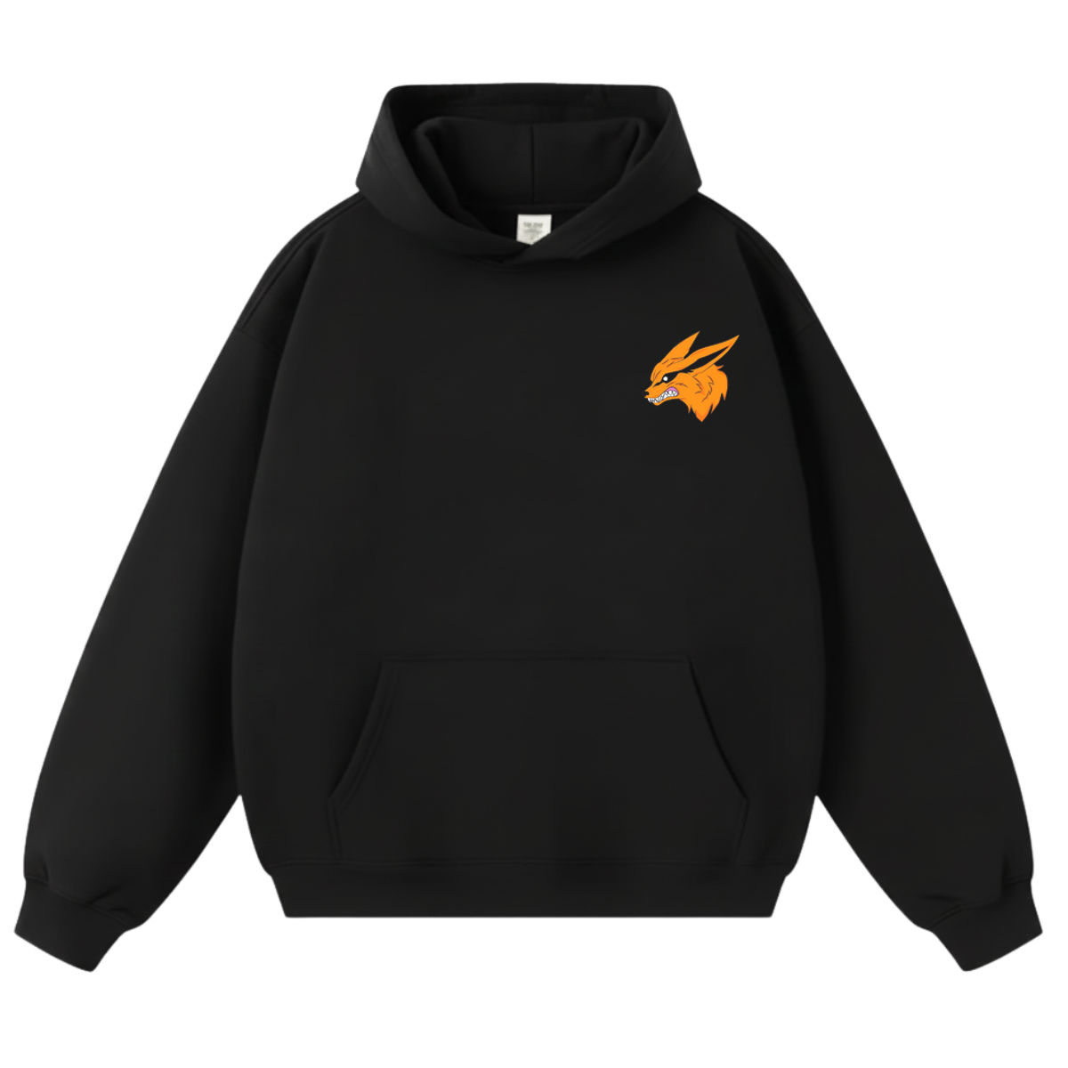 Black hoodie with an orange logo on a white background