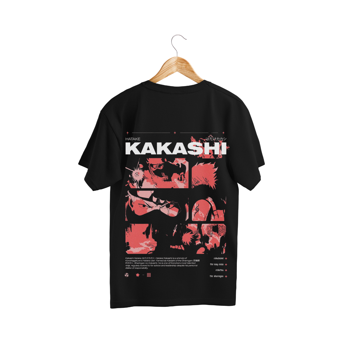 Kakashi Hatake  Black t-shirt with 'Kakashi' design on a wooden hanger