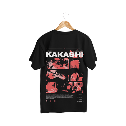 Kakashi Hatake  Black t-shirt with 'Kakashi' design on a wooden hanger