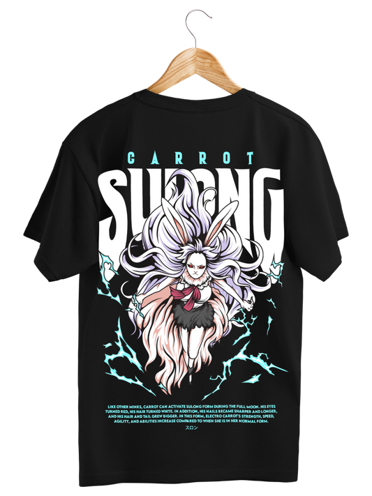 Carrot Sulong Black t-shirt with an illustration of a character and text on a hanger against a white background