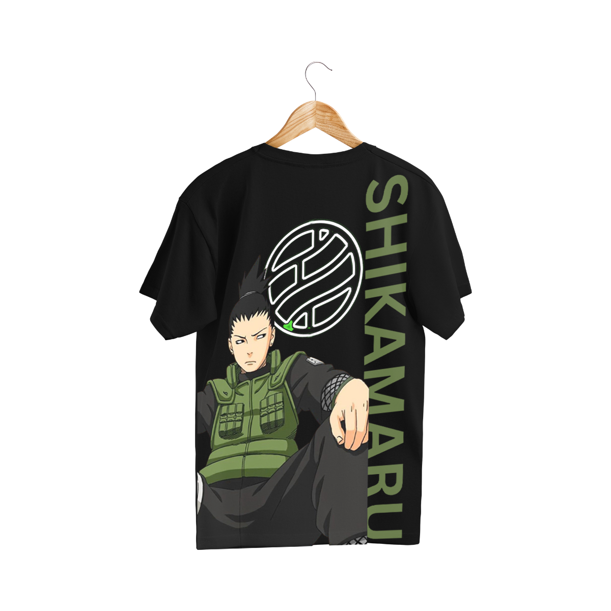 Shikamaru Naru  Black t-shirt with Shikamaru design on a hanger