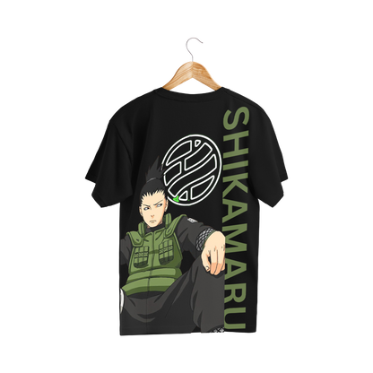Shikamaru Naru  Black t-shirt with Shikamaru design on a hanger