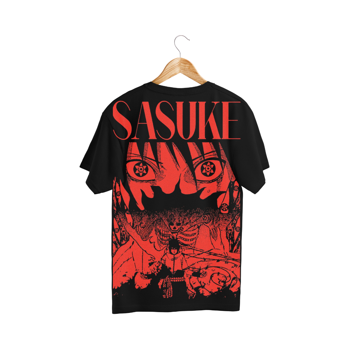Black t-shirt with red graphic design and 'SASUKE' text on back