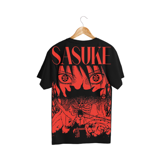Black t-shirt with red graphic design and 'SASUKE' text on back