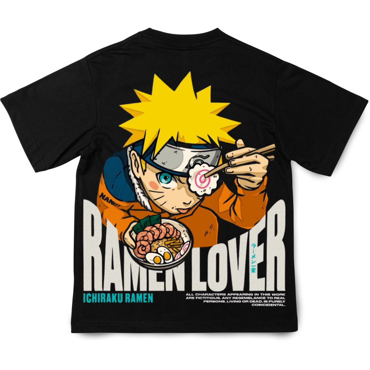 Black t-shirt with a graphic of a Naruto eating ramen and the text 'Ramen Lover' on a white background.