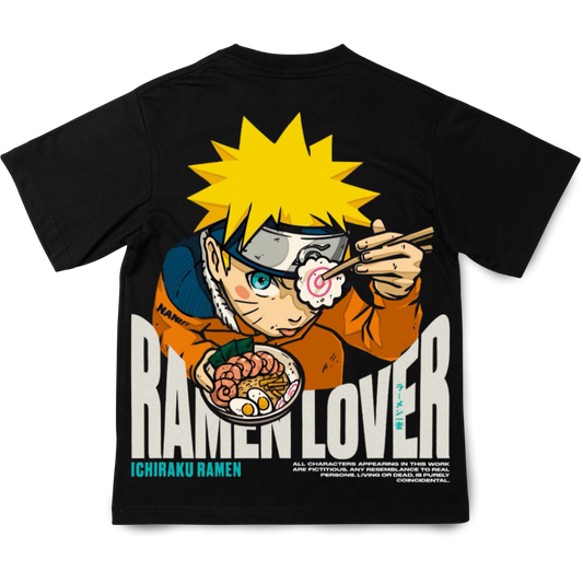 Black t-shirt with a graphic of a Naruto eating ramen and the text 'Ramen Lover' on a white background.