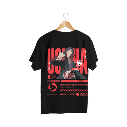 Itachi Uchiha Black t-shirt with red and white graphic design on a hanger against a Black background
