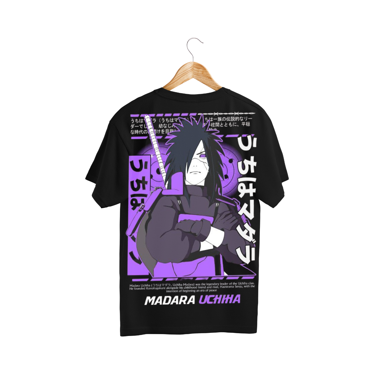 Black t-shirt with Madara Uchiha design on a hanger