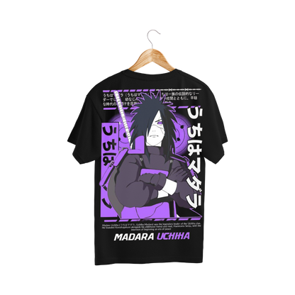 Black t-shirt with Madara Uchiha design on a hanger