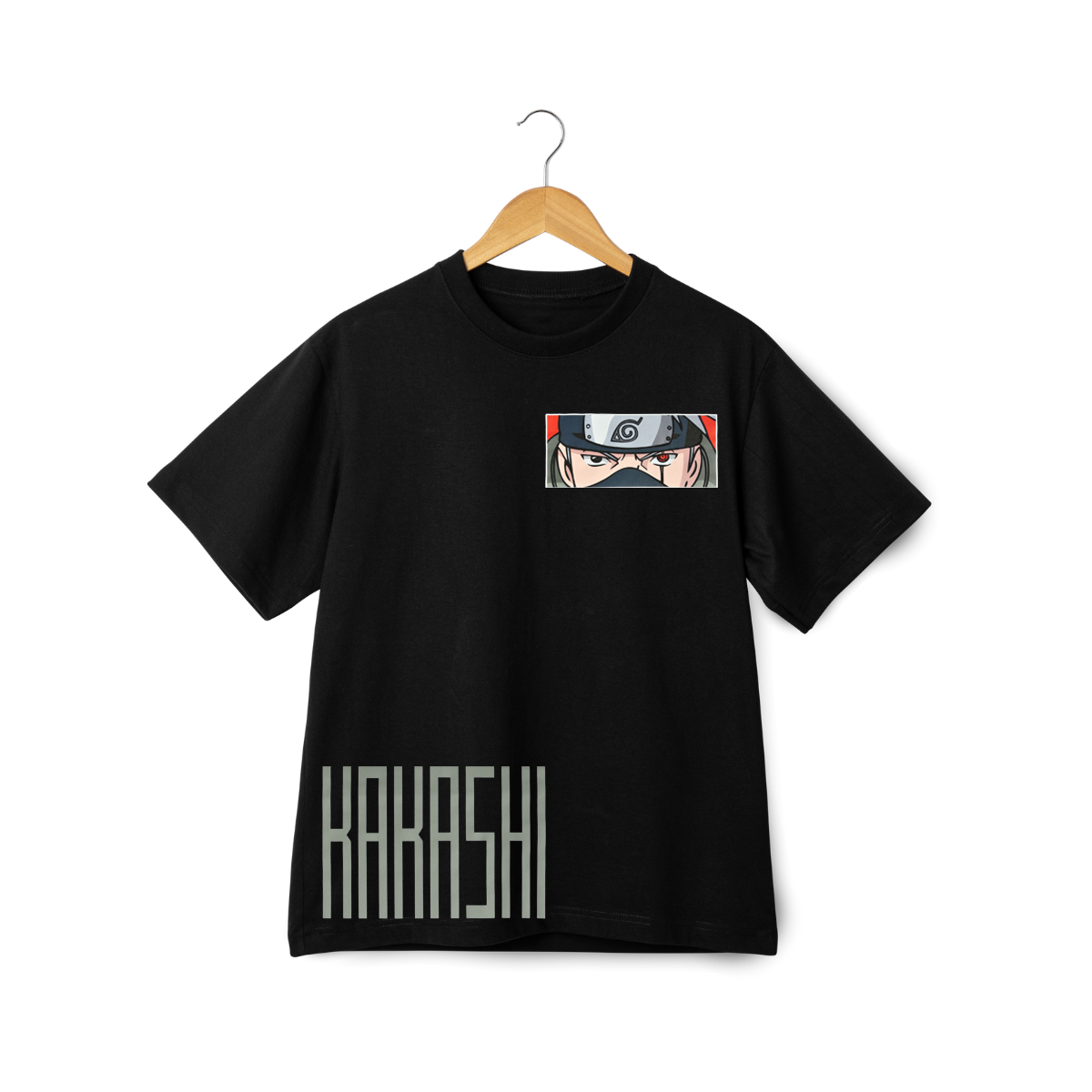 Kakashi Hatake Black t-shirt and 'Kakashi' text on a hanger
