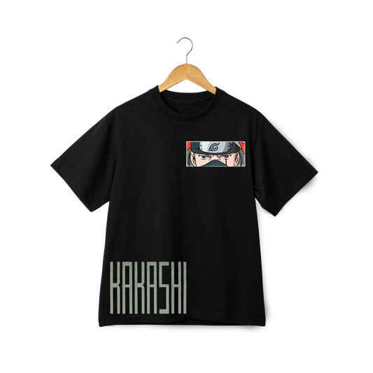 Kakashi Hatake Black t-shirt and 'Kakashi' text on a hanger