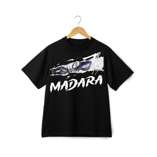Madara Uchicha Black t-shirt with eye design and 'MADARA' text