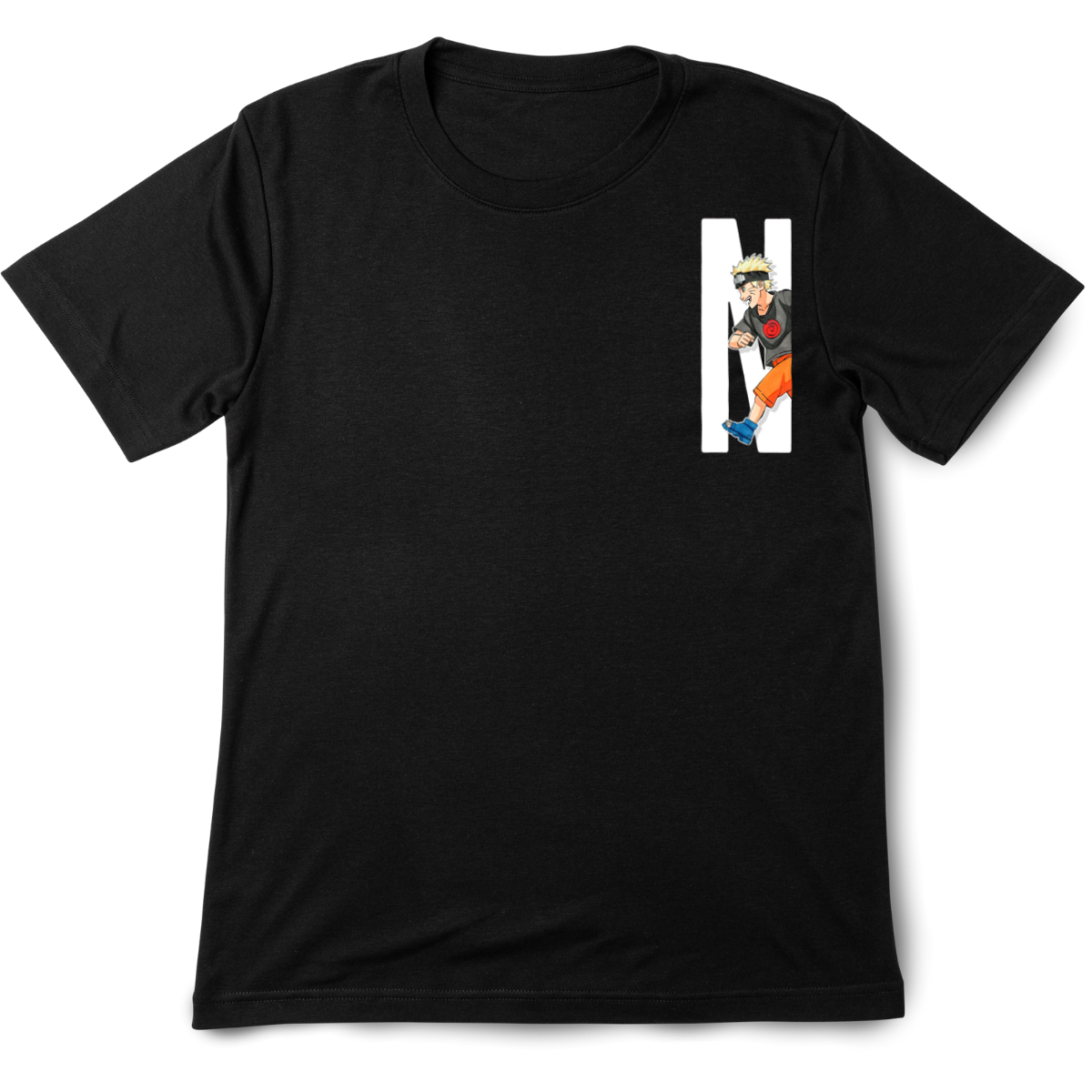 Black t-shirt with a small graphic on the chest against a white background