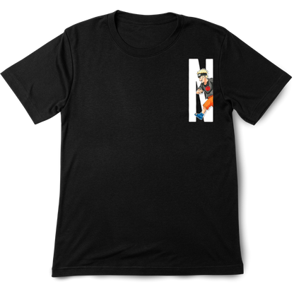 Black t-shirt with a small graphic on the chest against a white background