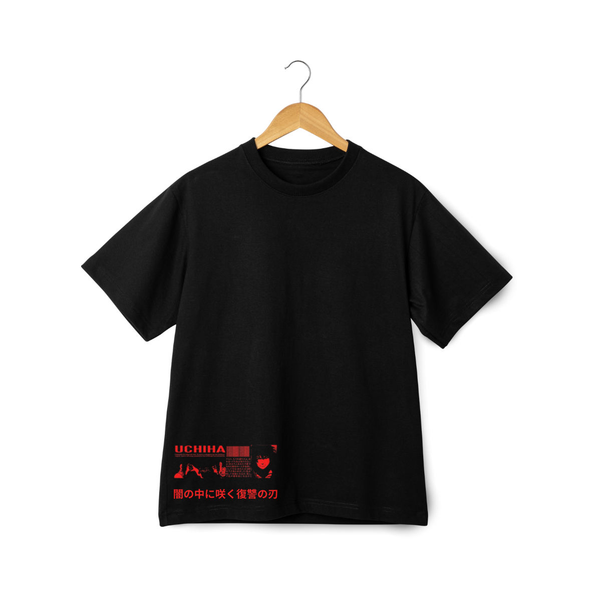 Sasuke Uchicha Black t-shirt with red text and graphics on a hanger