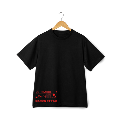 Sasuke Uchicha Black t-shirt with red text and graphics on a hanger