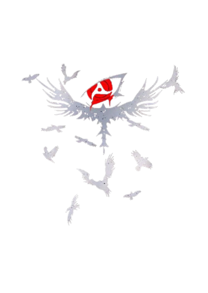 Itachi Uchicha  Eyes logo on a white background with gray abstract shapes