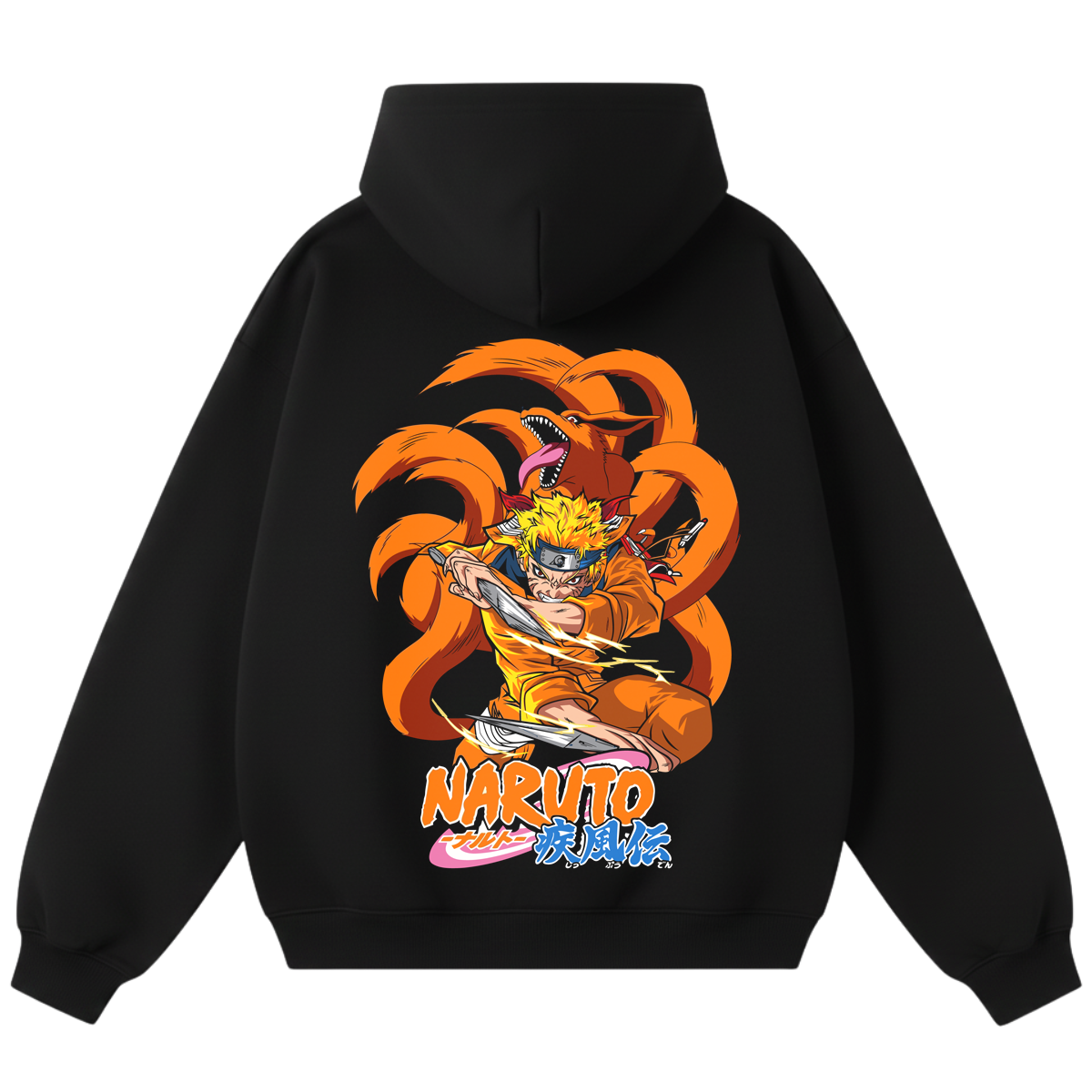Black hoodie with Naruto graphic on the back