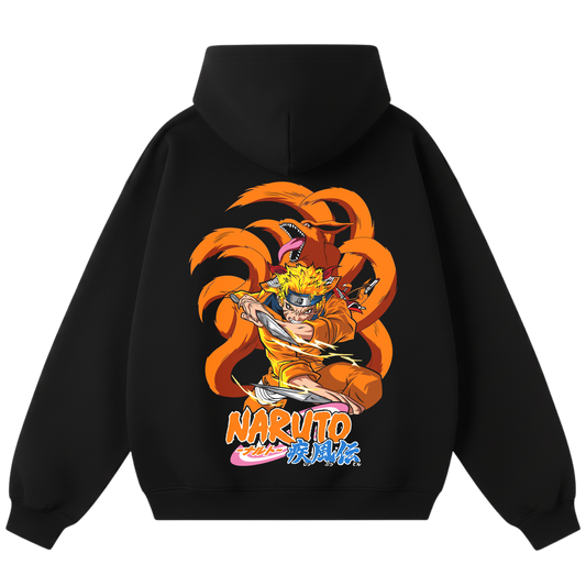Black hoodie with Naruto graphic on the back