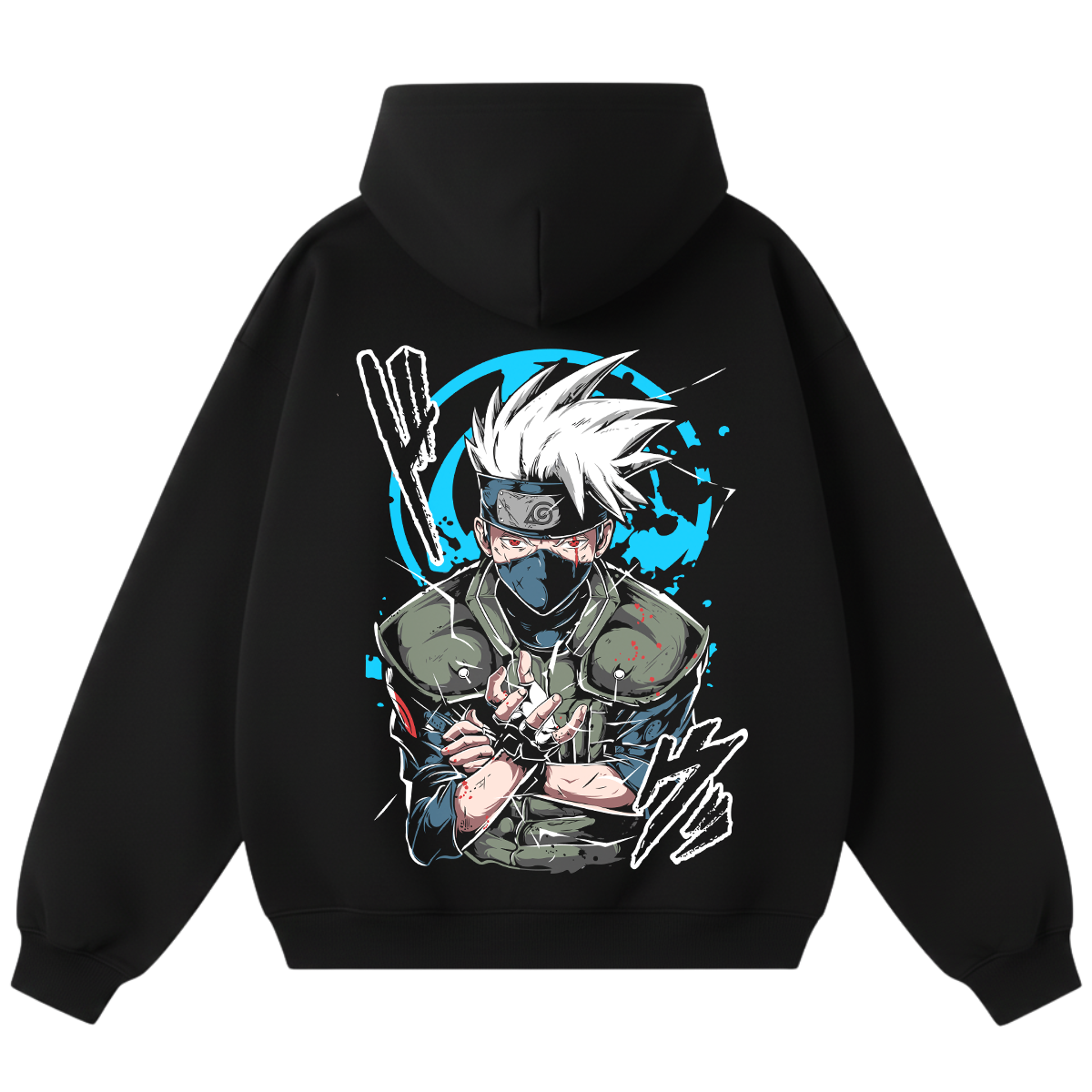 Black hoodie with a kakashi design on the back against a white background