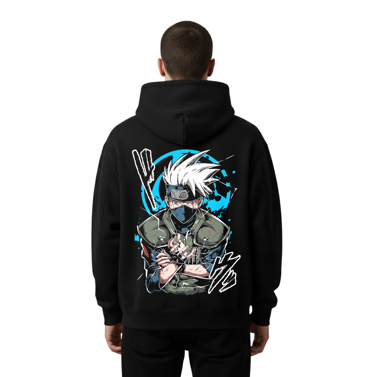 Person wearing a black hoodie with a graphic design of kakashi hatake on the back against a white background