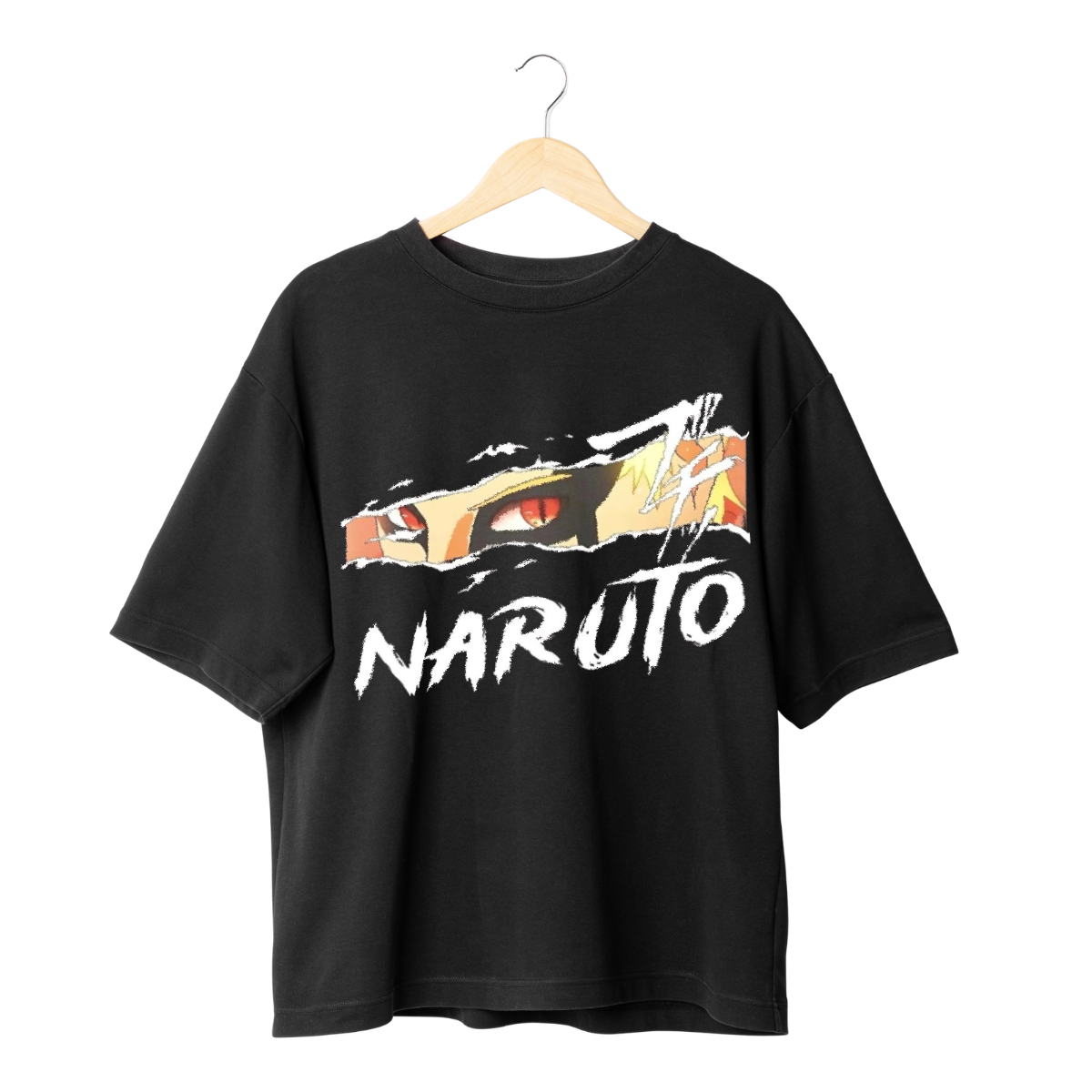 Black t-shirt with 'Naruto' graphic design on a hanger against a white background
